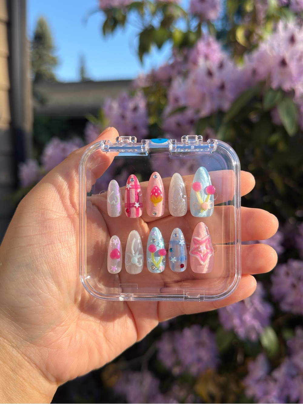 Size XS Pink Blue Y2K Cottage core Acrylic Press-On Handmade Nails Set